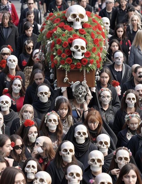 Procesión de personas vestidas como calaveras que llevan flores en honor al difunto