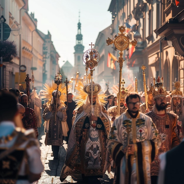 Procesión religiosa en Cracovia Grupo de personas caminando por la calle