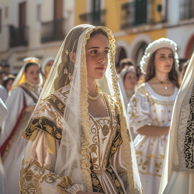 Procesión religiosa en Huelva Mujer con vestido de novia blanco y dorado