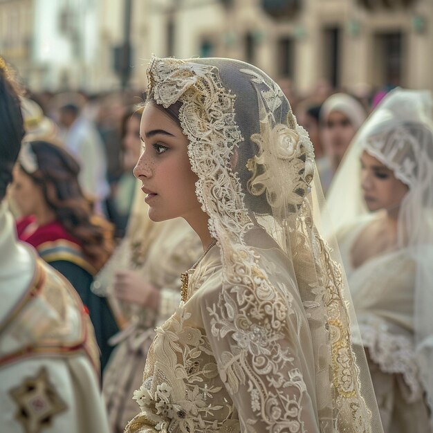 Procesión religiosa en Huelva Mujer con vestido de novia y velo