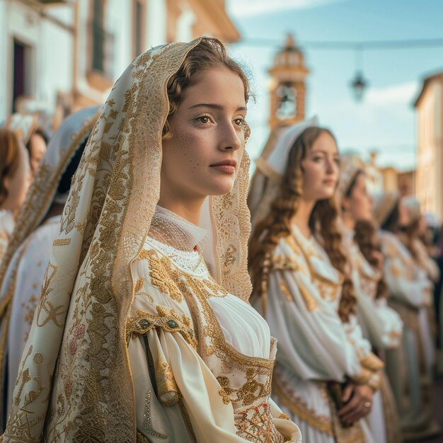 Procesión religiosa en Huelva Mujeres de blanco y oro
