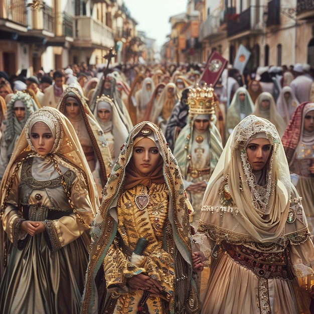 Procesión religiosa en Huelva Mujeres con trajes tradicionales caminando por la calle