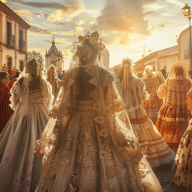 Procesión religiosa en Huelva Mujeres vestidas caminando por la calle