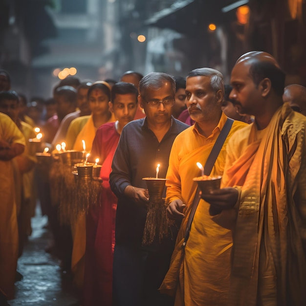 Foto una procesión del templo de diwali devotos llevando diyas encendidas sacerdotes realizando rituales