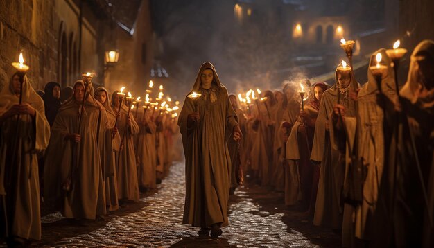 Procesión tradicional del día de Candlemas con participantes que sostienen velas encendidas que iluminan el camino