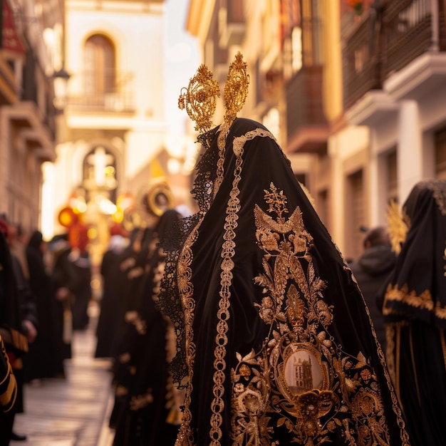 Foto procesiones religiosas en sevilla escena callejera gente caminando junto a edificios altos