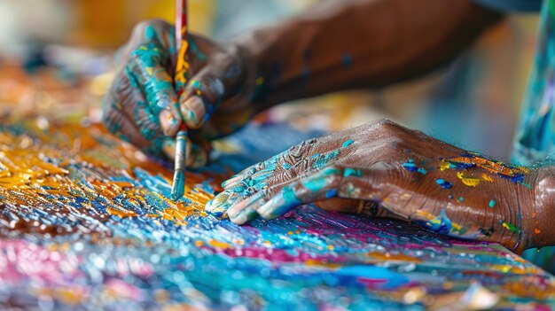 proceso artístico de primer plano de las manos pintando trazos vibrantes en el lienzo