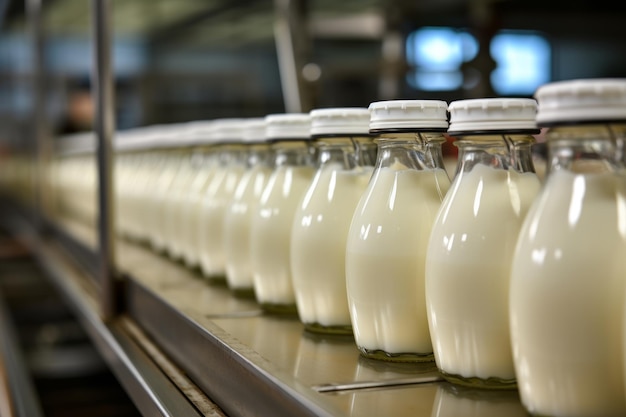 Proceso automatizado de llenado de leche y yogur en una fábrica lechera con equipos y maquinaria modernas