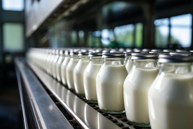 Proceso automatizado de llenar leche y yogur en botellas de vidrio en una moderna fábrica lechera