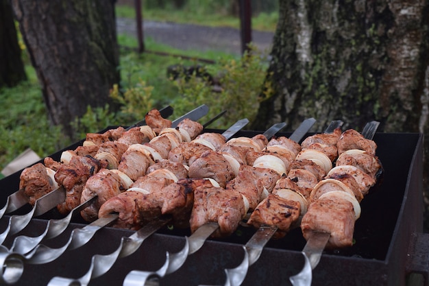 Proceso de cocción de cerdo asado Shish kebab o shashlik en brochetas de barbacoa