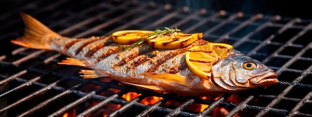 Proceso de cocción de pescado dorado a la parrilla con limón barbacoa de pescado a la Parrilla IA generativa