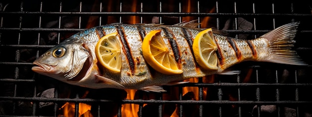 Proceso de cocción de pescado dorado a la parrilla con limón barbacoa de pescado a la Parrilla IA generativa