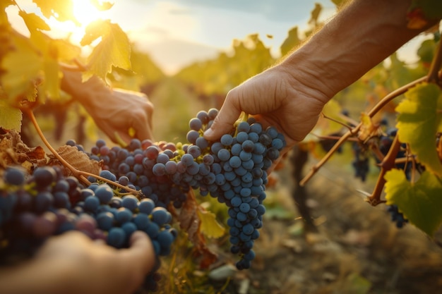 Proceso de cosecha suave Recogiendo meticulosamente las uvas maduras a mano en la granja