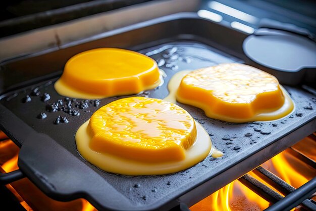 Proceso de derretir queso a la parrilla en plancha de hierro fundido creado con ai generativo