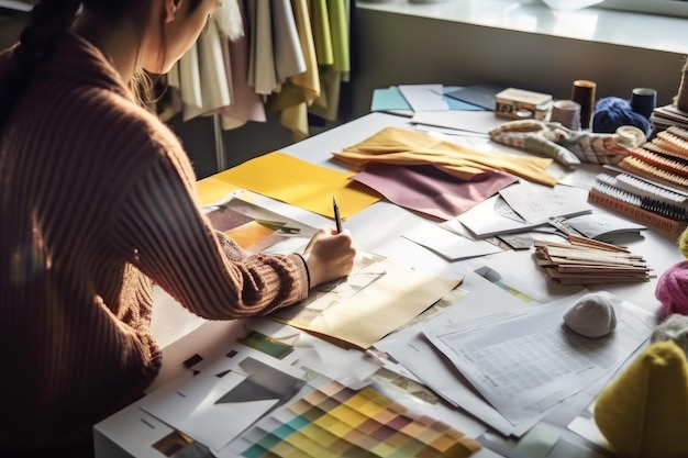 El proceso de un diseñador de moda que esboza nuevos diseños en un estudio amplio y luminoso IA generativa