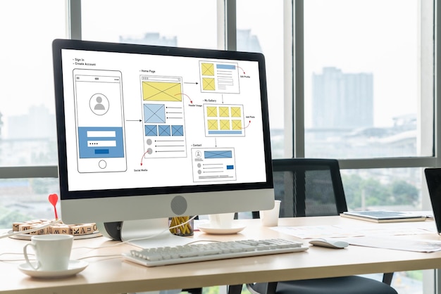 Foto proceso de diseño de interfaz de usuario de ux para aplicaciones móviles y sitios web modernos prototipo creativo de wireframe para desarrollador de aplicaciones profesional