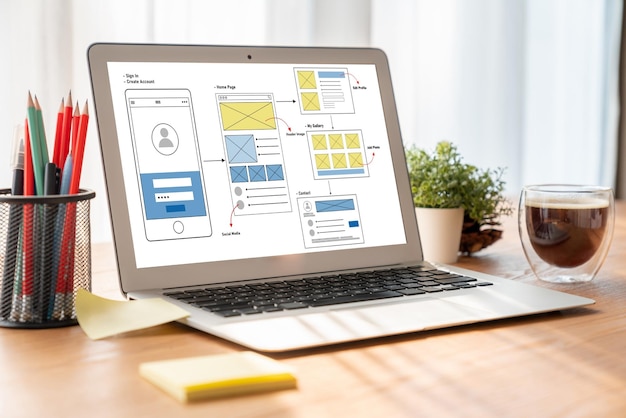 Foto proceso de diseño de interfaz de usuario ux para sitios web y aplicaciones móviles de moda prototipo creativo de estructura alámbrica para desarrolladores de aplicaciones profesionales