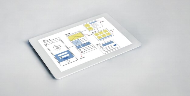 Foto proceso de diseño de ux para aplicaciones móviles y sitios web de moda prototipo creativo de wireframe para desarrollador de aplicaciones profesional.