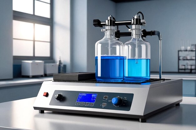 Proceso de electrólisis Equipo para electroanálisis y recipiente con ácido azul en laboratorio químico