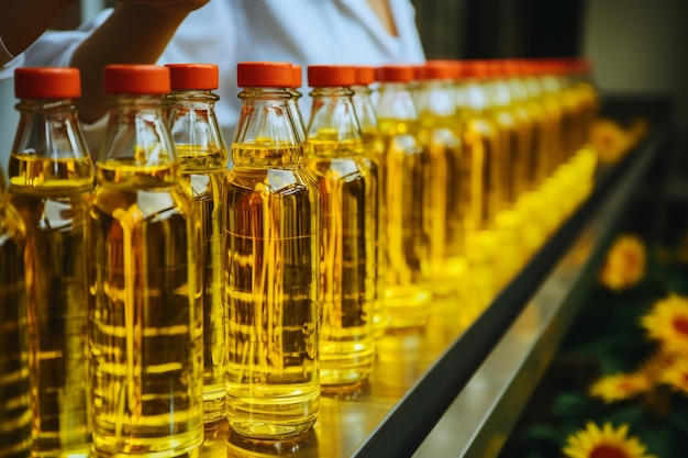 Foto proceso de fábrica eficiente para llenar botellas con aceite de girasol refinado de alta calidad