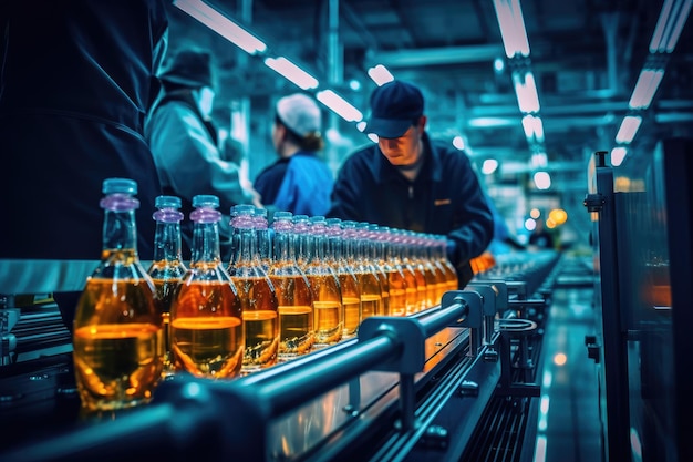 Proceso de fabricación de bebidas en una cinta transportadora en una fábrica.