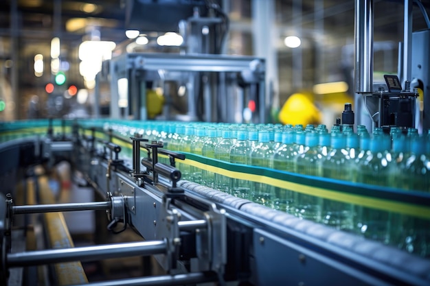 Proceso de fabricación de bebidas en una cinta transportadora en una fábrica.