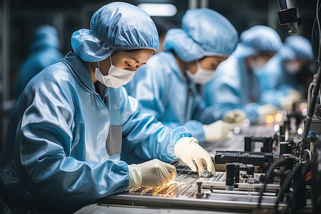 proceso de fabricación en una fábrica moderna china, incluidas líneas de ensamblaje, control de calidad, generado con IA