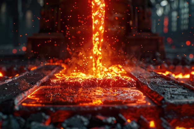 Foto proceso de fundición de metales en fábrica de fundición con fuego a alta temperatura