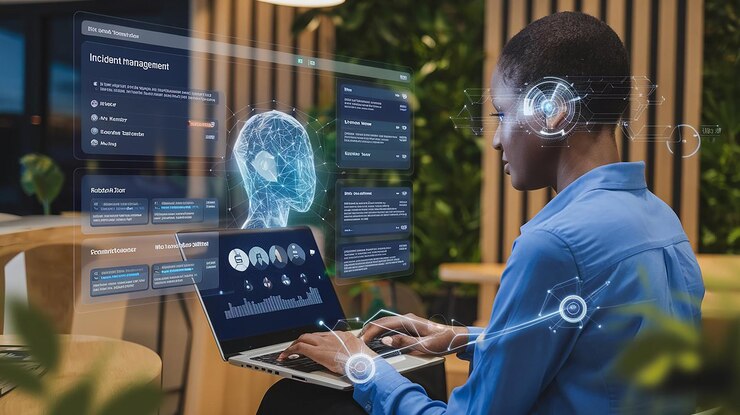 Proceso de gestión de incidentes concepto de tecnología empresarial Mujer de negocios que utiliza portátil