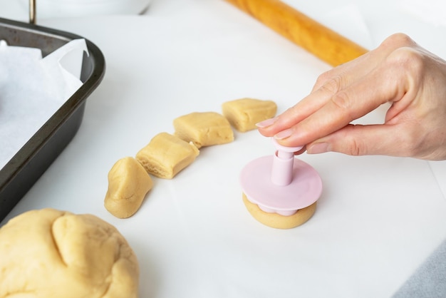 El proceso de hacer galletas con formas en forma de flores un rodillo y una bandeja el concepto de cocinar en casa