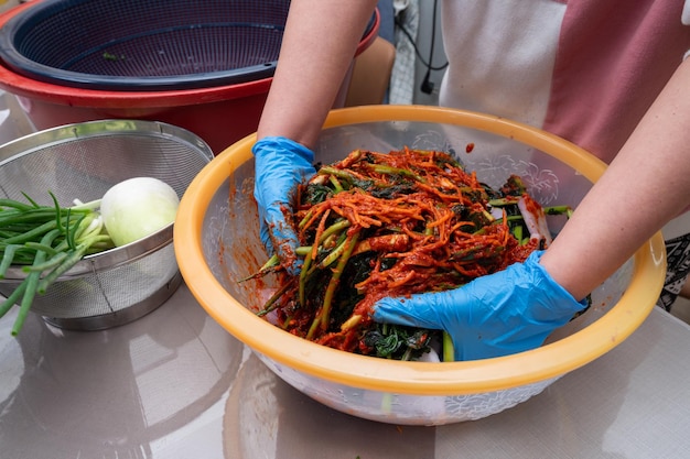 El proceso de hacer un plato tradicional coreano kimchi Una mujer con guantes está preparando varios ingredientes necesarios para el kimchi