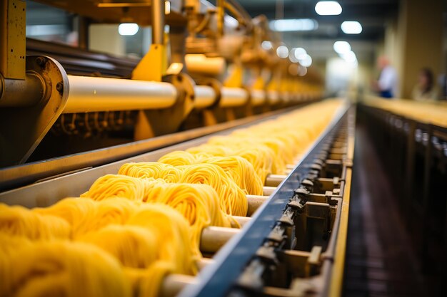 Foto proceso de producción de pasta de varios tipos de pasta en cinta transportadora