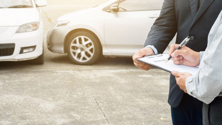proceso de reclamo de senior man and insurance agent después del accidente automovilístico