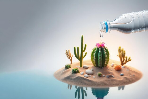 El proceso de regar un cactus con agua de una botella Espacio para texto