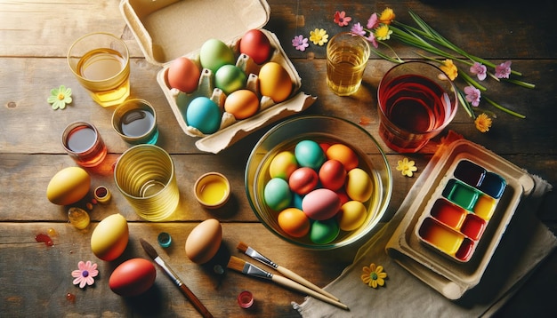 Proceso de teñido de huevos de Pascua coloridos en fondo de madera