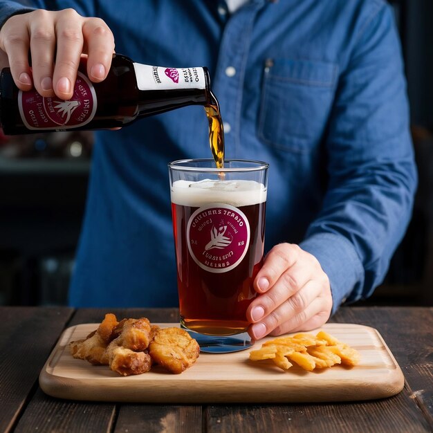 Foto proceso de verter cerveza de ámbar en el vaso en una tabla de madera y bocadillos