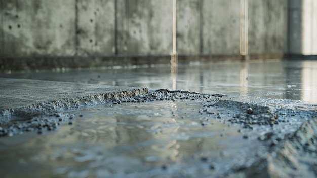 Proceso de vertido de hormigón Fundación con charco de agua en el suelo de azulejos