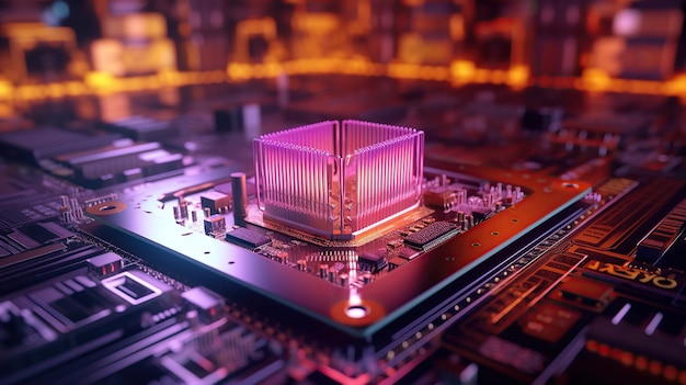 Processador central de computador com luzes de néon placa de circuito de microchip integrado para servidor IA generativa