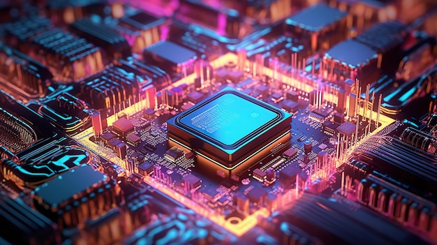 Processador central de computador com luzes de néon placa de circuito de microchip integrado para servidor IA generativa