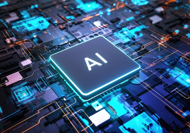 Processador de chipset AI Artificial Intelligence na placa de circuito trabalhando no aprendizado de máquina