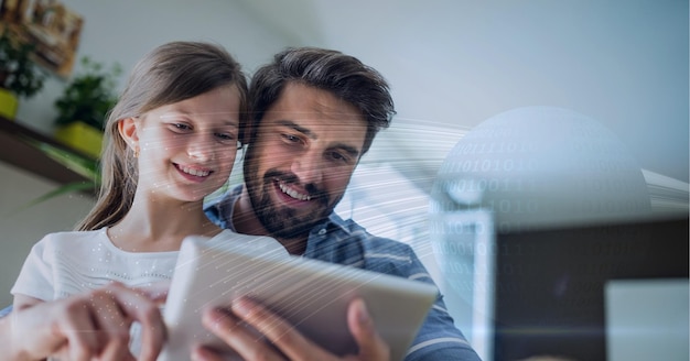 Processamento de dados de codificação binária contra pai e filha caucasianos usando tablet digital em casa