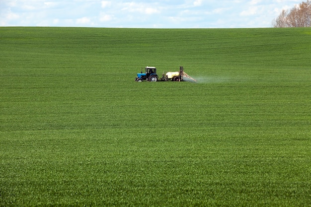 Processamento de trator de cereal fotografado no campo agrícola durante o processamento de Pesticidas