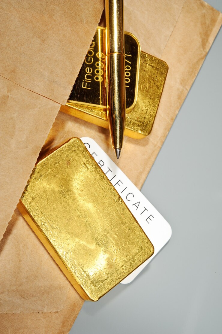 Foto processamento e comercialização global de metais preciosos. barras de ouro, certificado, caneta e pacote de papel. fechar-se.