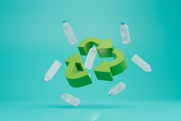 Foto processamento ecológico de ícone de reciclagem de plástico e garrafas plásticas vazias em um fundo turquesa