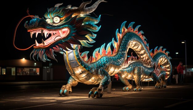 Processão colorida do ano novo chinês com um flutuador mitológico cativante que aumenta o ambiente festivo