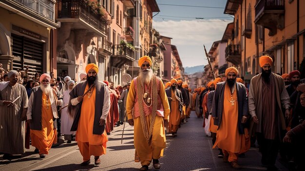 Processão Nagar Kirtan evento religioso sikh nas ruas da cidade Marene