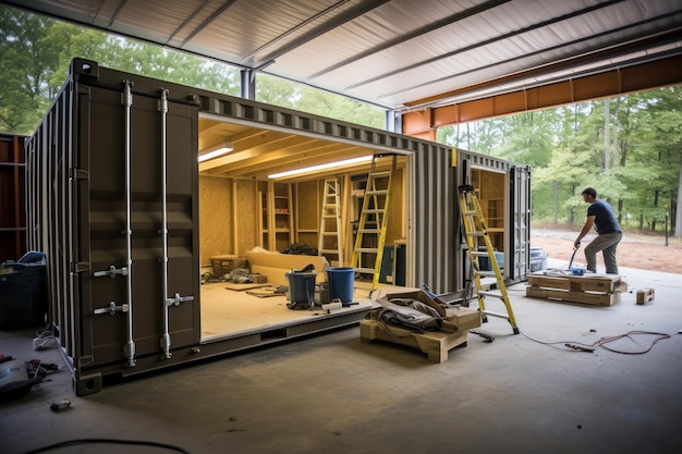 processo de construção Tiny Container House transformação passo a passo do contêiner de transporte