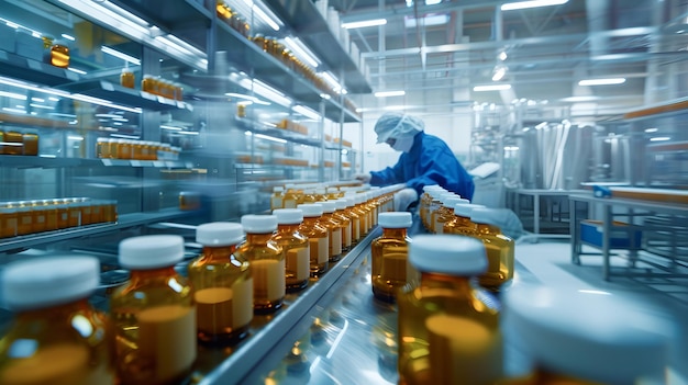 Processo de controlo de qualidade numa instalação farmacêutica moderna Técnico inspeciona frascos de medicamentos na linha de produção Normas e segurança da indústria da saúde IA