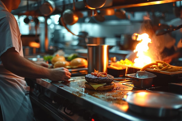 Processo de cozinhar um pedido na cozinha de um restaurante de fast food