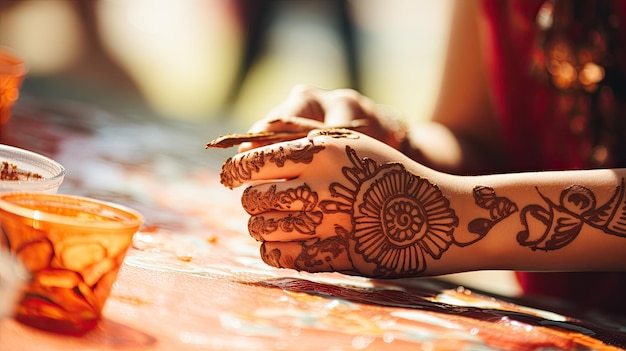 Processo de desenho do ornamento henna menhdi na mão da mulher imagem gerada por IA
